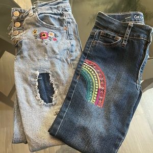 2 pair jeans youth girl rainbow & flowers